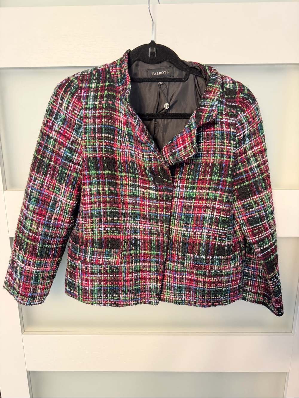 Talbots Pink, Green & Black Tweed Cropped Blazer